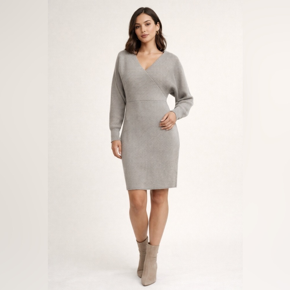 Huaxinafan Gray Ribbed Knit Wrap Sweater Dress | Long Sleeve | Size M